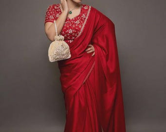 Red Satin Saree with Swarovski Stones & Matching Blouse piece