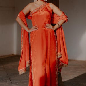 Mayrake Orange Crepe Silk Off-Shoulder Kurta Pant Set