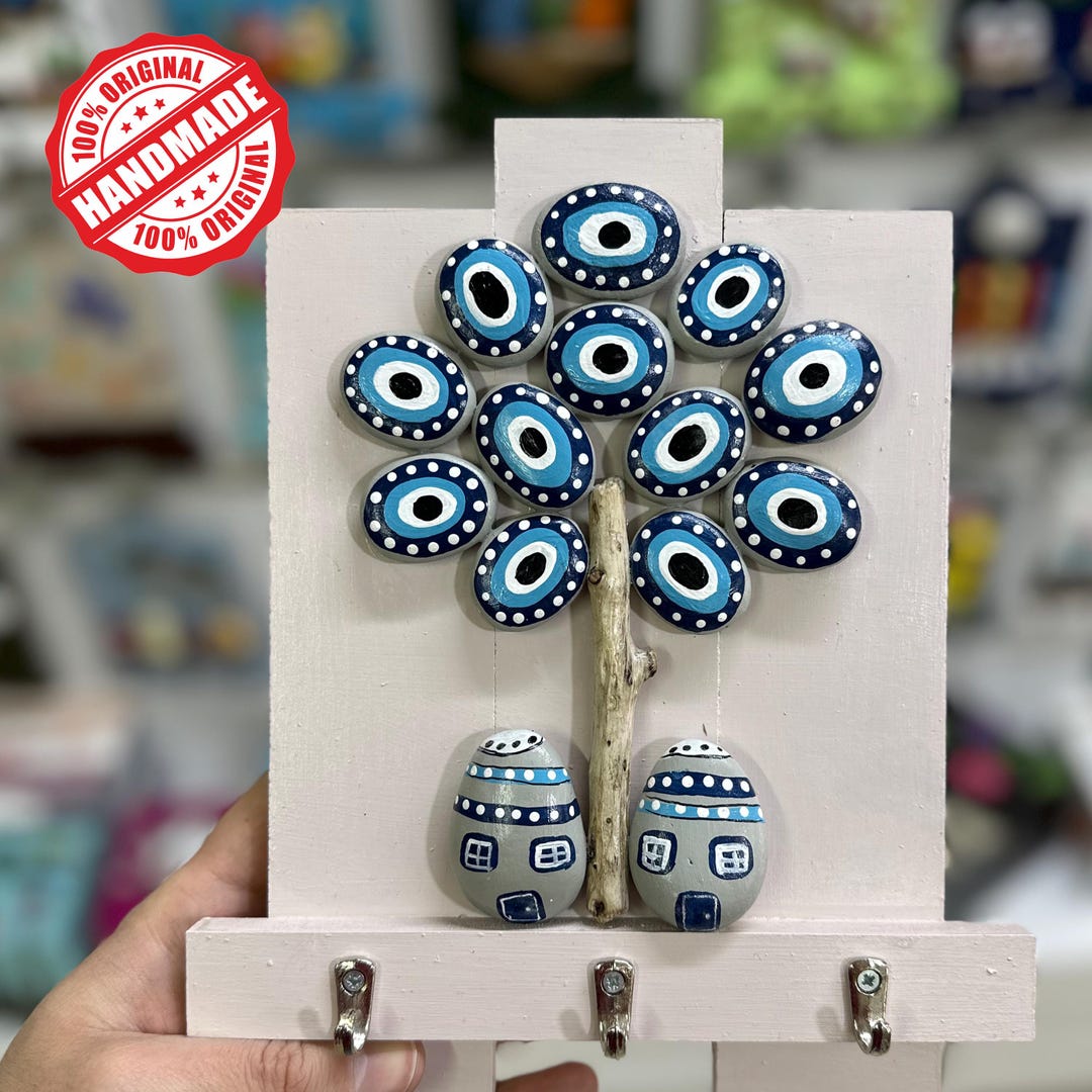 Handmade Evil Eye Key Holder Wall Decor, Nazar Stone Art Key Rack ...