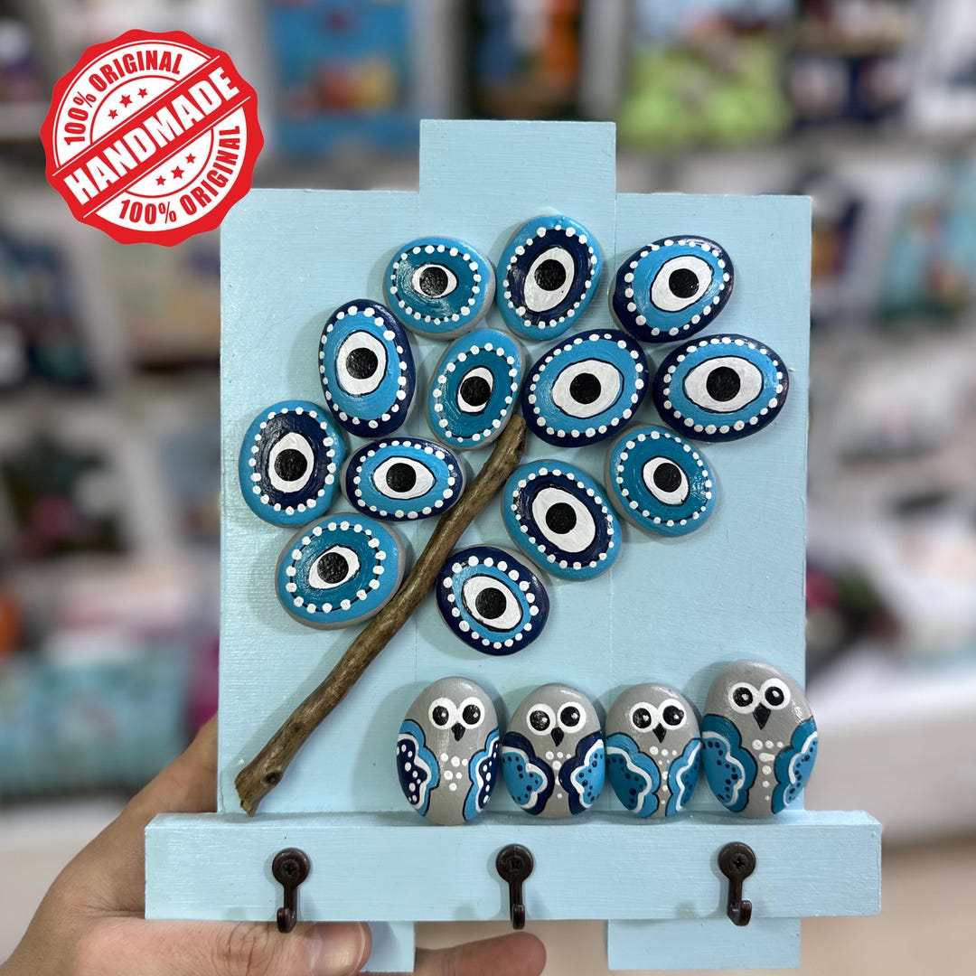 Handmade Evil Eye Tree Key Holder Wall Decor, Nazar Stone Art Key Rack ...