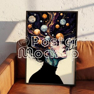 May include: Framed art print featuring a surreal illustration of a person with a black turtleneck, their head filled with planets and cosmic elements. The artwork has a dark color palette with accents of gold, purple, and orange. The text "Poster Mockup" is visible.
