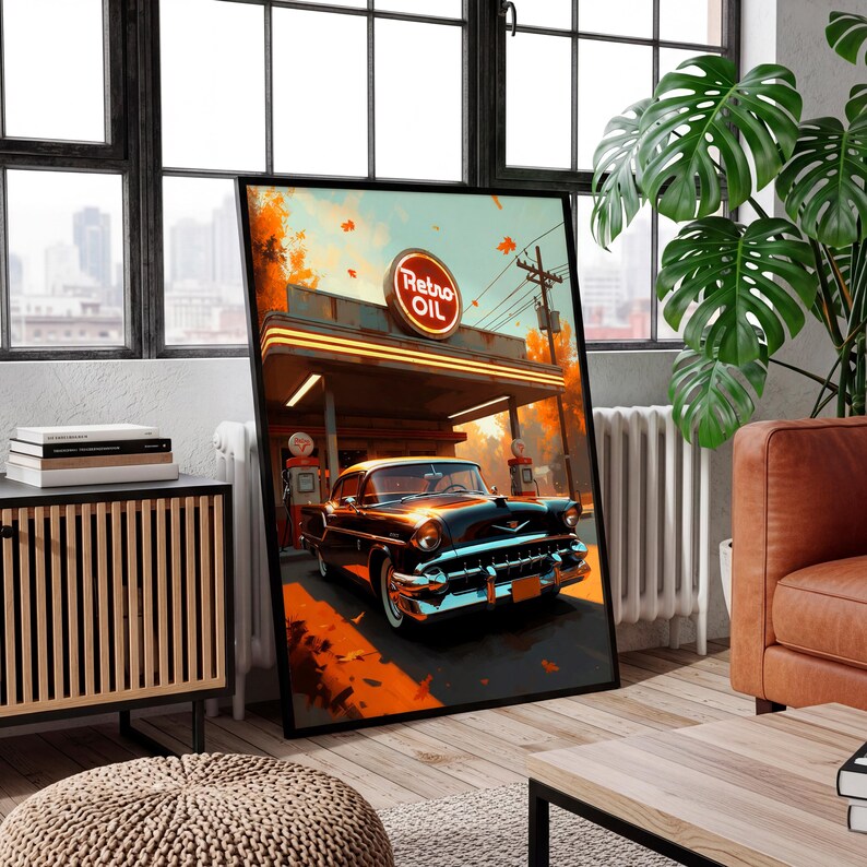 May include: A framed art print depicting a vintage black car at a retro gas station with the text "Retro Oil". The artwork features warm orange and brown tones, with a classic car and gas pumps.