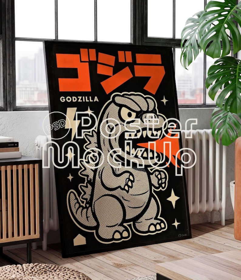 May include: Black poster featuring a Godzilla illustration in a retro comic book style. The poster has orange Japanese text and the word "GODZILLA" in white. The Godzilla character is in shades of gray and beige, with a pop art style.