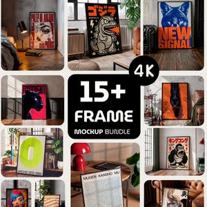 Può includere: Una collezione digitale di oltre 15 mockup di cornici con varie stampe d'arte grafica, tra cui illustrazioni di Godzilla, King Kong, una volpe, una pantera e disegni astratti, con il testo 4K 15+ FRAME MOCKUP BUNDLE.
