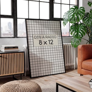 May include: A black framed grid art piece with the text "DIN A RADIO" and dimensions "8 x 12" in a modern living room setting. The grid is white with black lines. The room includes a brown leather sofa and a large green plant.