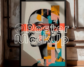 Vertical Black Frame Poster Mockup: Industrial Concrete Wall (Digital Download, PSD) 2x3 Ratio