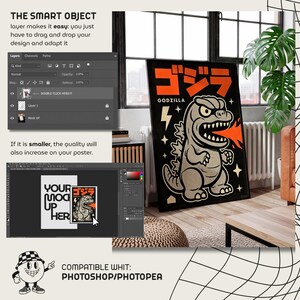 May include: A framed poster featuring a Godzilla illustration in a retro style. The artwork is predominantly black, orange, and gray, with Japanese text and a cartoon depiction of Godzilla. The poster is displayed in a room setting.