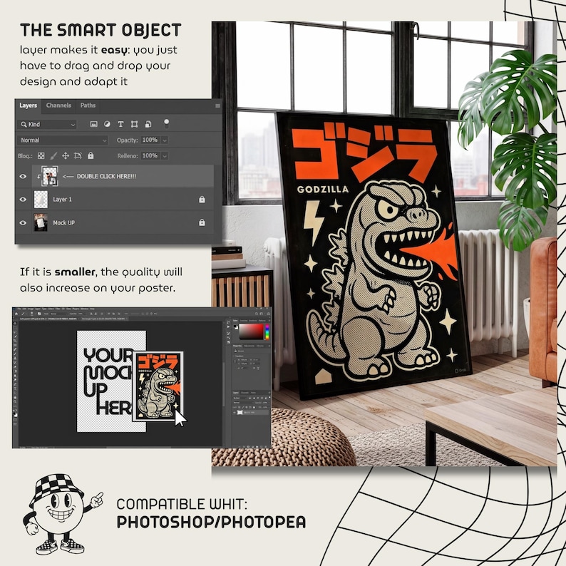 May include: A framed poster featuring a Godzilla illustration in a retro style. The artwork is predominantly black, orange, and gray, with Japanese text and a cartoon depiction of Godzilla. The poster is displayed in a room setting.
