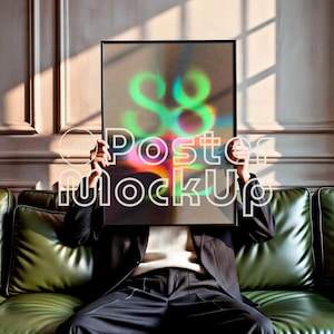Poster Frame Mockup: Man on Green Leather Sofa (PSD, Photopea Digital Download)