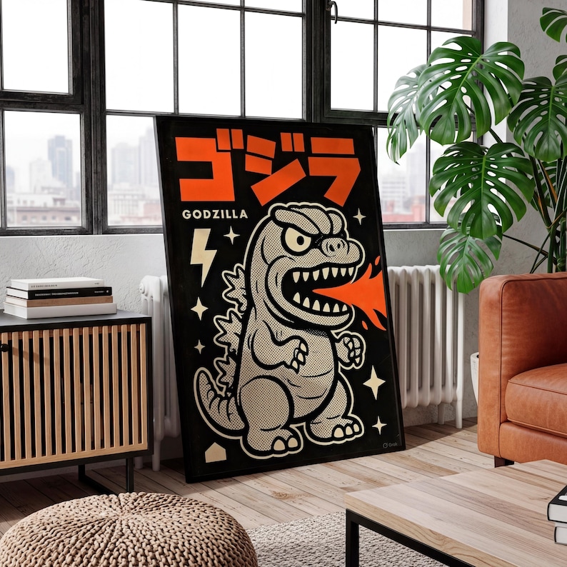 May include: A framed black poster featuring a cartoon Godzilla illustration. The poster has orange Japanese text and the English word "GODZILLA". The Godzilla character is gray with white teeth and is breathing orange fire. The background is black with white stars and a lightning bolt.