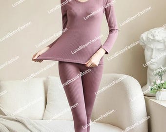 Damen Baumwollmischung Thermo-Set: Weiches geripptes Langarmtop und Leggings