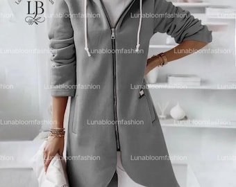 Women Long Zip Up Hoodie, Hooded Sweatshirt Coat, Casual Winter Hoodie Jacket with Pockets, Fall Winter Outerwear
