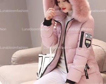 Dames lange winterparka, jas met capuchon en bontkraag, warme dikke jas met ritssluiting, elegante getailleerde winterjas