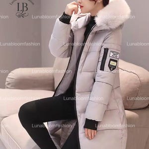 Women Long Winter Parka Jacket, Hooded Fur Collar Coat, Warm Thick Zipper Jacket, Elegant Slim Fit Winter Coat Gray