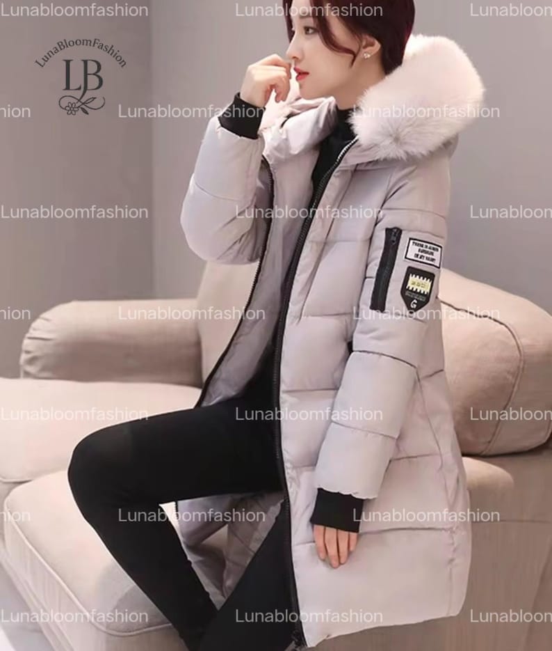 Women Long Winter Parka Jacket, Hooded Fur Collar Coat, Warm Thick Zipper Jacket, Elegant Slim Fit Winter Coat Gray