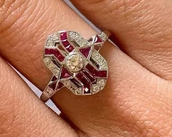 Art Deco Ruby and Diamond Ring | Vintage Style 14K White Gold Geometric Cocktail Ring | Unique Ruby Anniversary Gift for Her