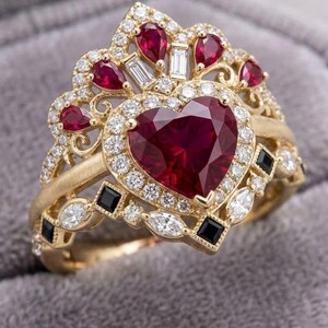 May include: A gold ring featuring a large heart-shaped red center stone surrounded by a halo of small white round diamonds. The band includes additional pear-shaped red stones, small square black stones, and marquise-cut white diamonds.