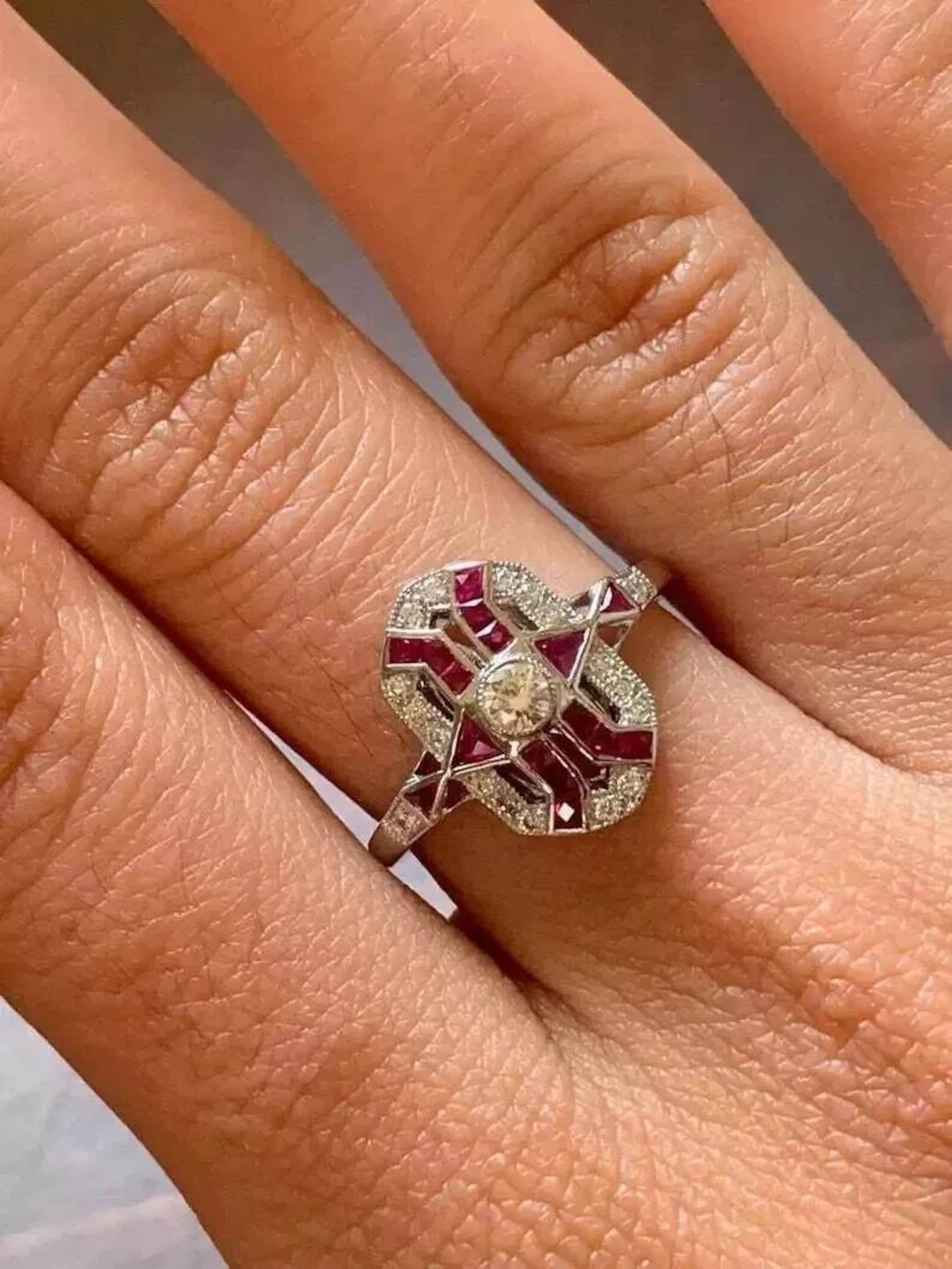 Art Deco Ruby and Diamond Ring | Vintage Style 14K White Gold Geometric ...