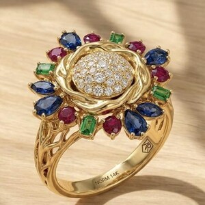 Peut inclure: Une bague en or 14K avec un groupe central de diamants pavés ronds entouré d'un cadre floral. Le bord extérieur est orné de saphirs bleus taille poire, de rubis ronds et d'émeraudes vertes taille baguette alternés. L'anneau porte l'inscription NORM 14K.
