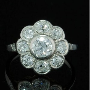 Vintage Daisy Cluster Ring 925 Silver | Edwardian Flower Diamond Halo Ring | Old European Cut Floral Engagement Gift