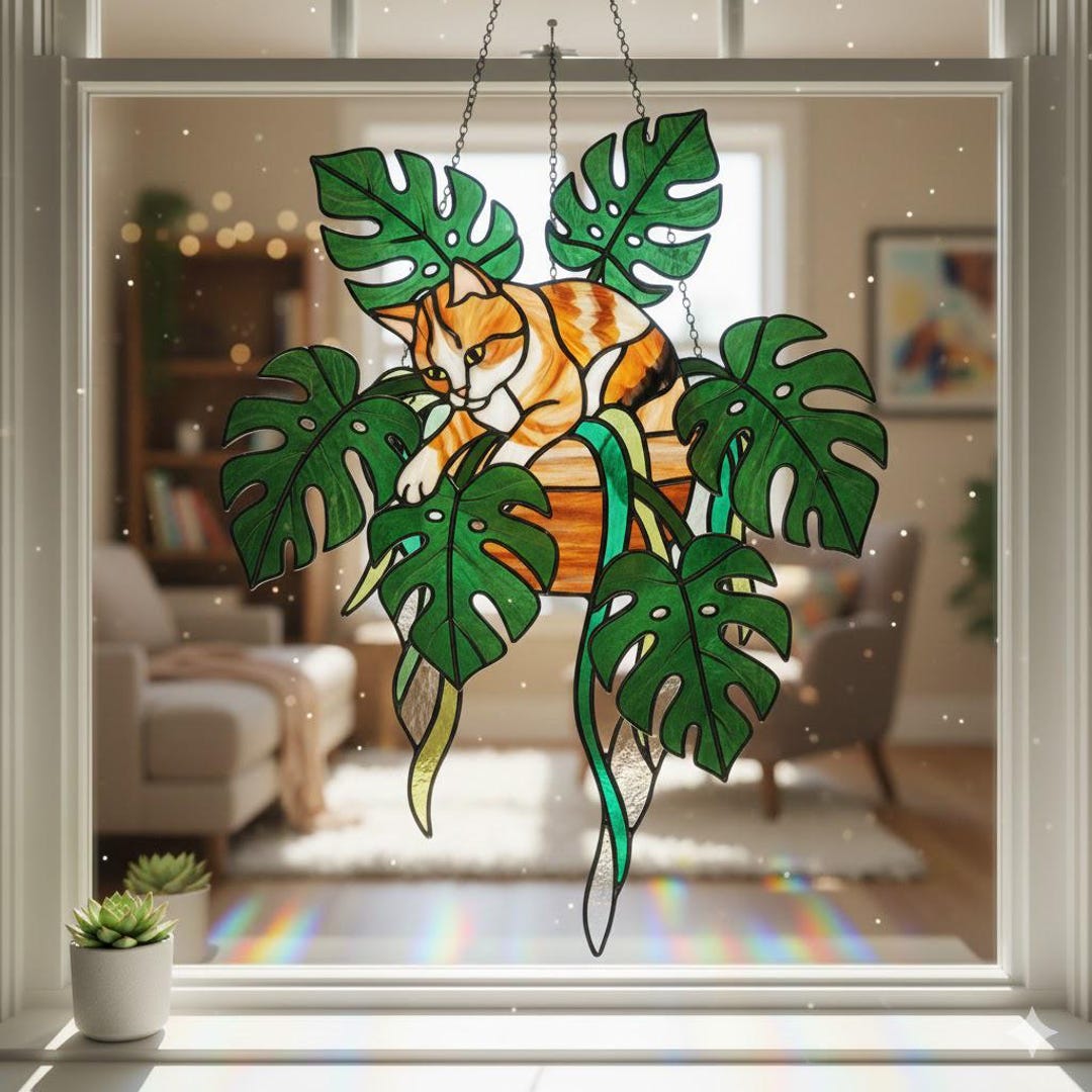 Cat Stained Glass Suncatcher With Monstera Leaves, Hanging Cat Window ...