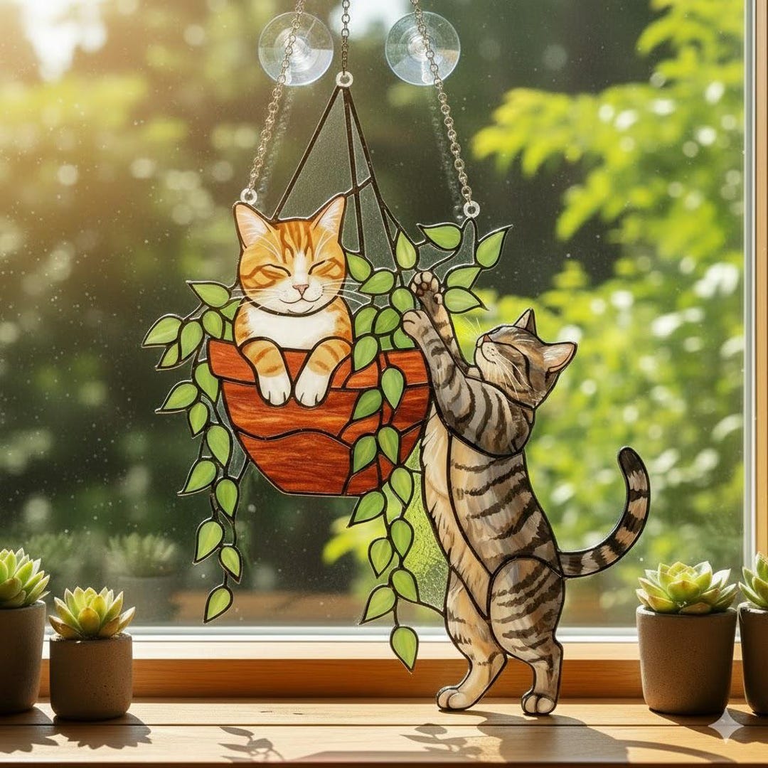 Cat Stained Glass Suncatcher, Cute Cat Window Hanging, Cat Lover Gift ...