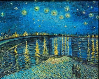 ゴッホ作「ローヌ川の星月夜」手描き油絵複製画、額入り壁掛けアート