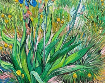 フィンセント・ファン・ゴッホ - 黄色い背景にアイリスの花瓶 50 x 60