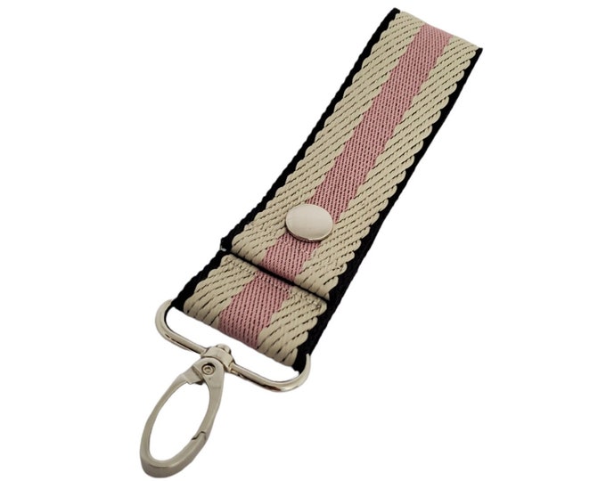 Key Chain Strap, Wristlet Handle, Black and Pink Striped, Removable Handle, Snap On Wrist Key Chain