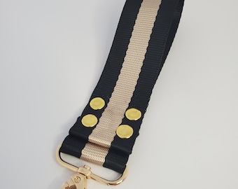 Wristlet Handle,  Black and Muted Gold Striped Webbing,1.5" Swivel Hook, Travel Key Chain