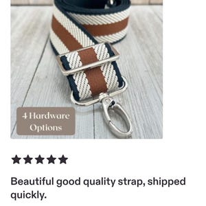 May include: A woven bag strap featuring a striped pattern in navy blue, cream, and brown. The strap includes a silver-toned metal slider and a swivel lobster clasp. A small rectangular overlay on the image displays the text 4 Hardware Options.