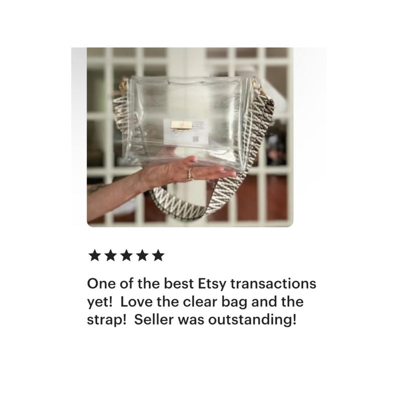 May include: A rectangular clear plastic crossbody bag featuring a gold-toned rectangular clasp on the front flap. The bag includes a wide, detachable woven shoulder strap with a repeating black and white geometric chevron pattern throughout.