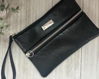 Leveled Up Wristlet Handbag, Black Vegan Leather, Built in Wallet