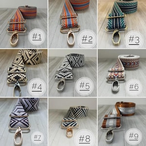 May include: A collection of nine adjustable bag straps featuring various woven geometric patterns and solid colors, each equipped with metal swivel lobster clasps and rectangular sliders for length adjustment, labeled with numbers one through nine.