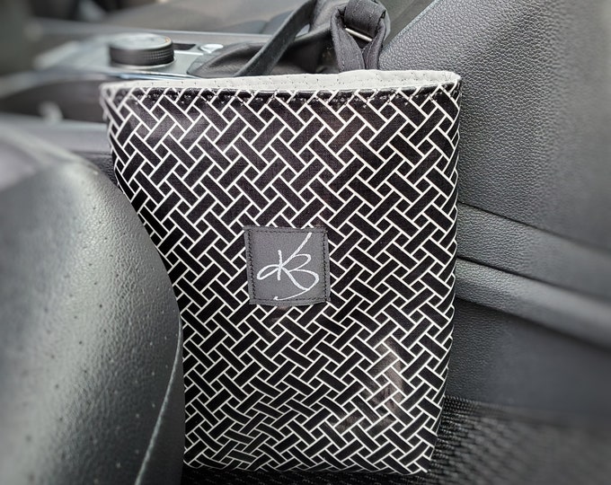 Small Travel Caddy, Car Caddy, Black and White Print Fabric