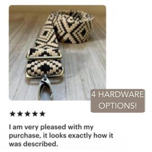 May include: A woven bag strap featuring a repeating black and cream diamond pattern. The strap includes adjustable metal sliders and a silver-toned swivel lobster clasp. The image includes text stating 4 HARDWARE OPTIONS!