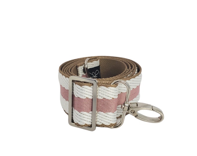 1.5" (38mm) Adjustable Bag Strap, Pink and Natural Stripe 1.5" Cotton Crossbody Purse Strap29" - 51" Length//Adjustable Length