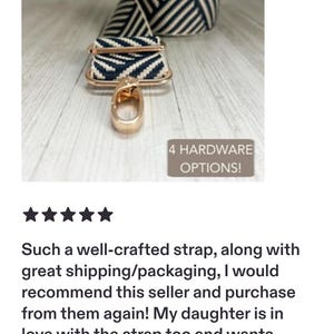 May include: A replacement bag strap featuring a navy blue and white chevron pattern with rose gold metal hardware, including a lobster clasp and an adjustable slider. A small rectangular text box on the image reads 4 HARDWARE OPTIONS!