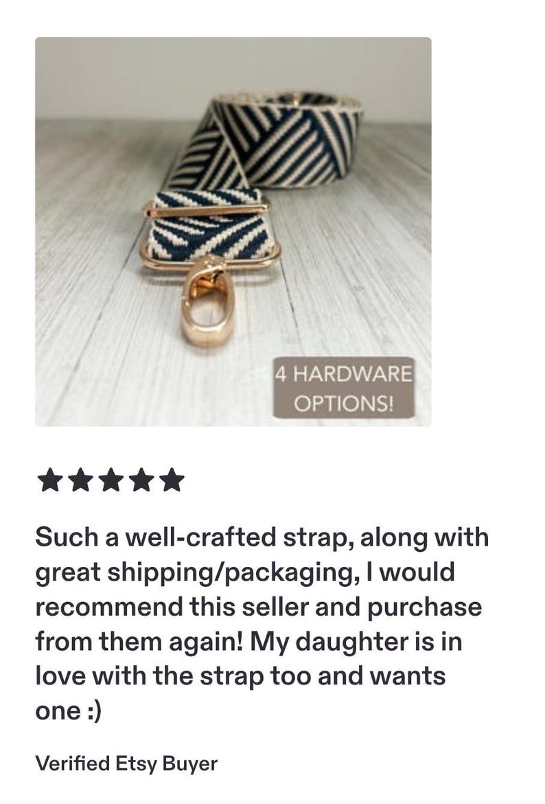 May include: A replacement bag strap featuring a navy blue and white chevron pattern with rose gold metal hardware, including a lobster clasp and an adjustable slider. A small rectangular text box on the image reads 4 HARDWARE OPTIONS!