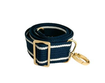 1.5" (38mm) Adjustable Bag Strap, Navy Blue with Thin White Stripes, Crossbody Strap 29"-51" Length/Adjustable Length, Replacement Strap