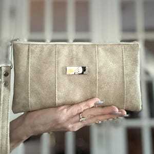 Sand Vegan Leather Wristlet Clutch: USA Made Wallet Handbag