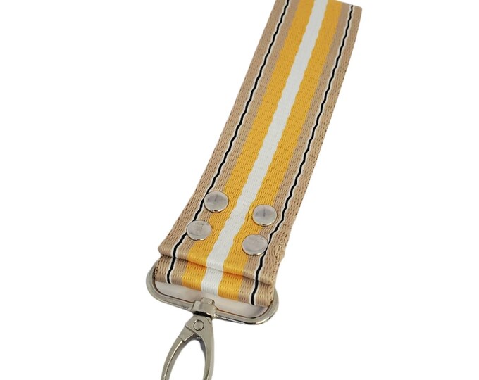 ORIGINALLY 18 - Wristlet Handle, Yellow, White and Black Striped Cotton Webbing 1.5" Swivel Hook, Travel Key Chain