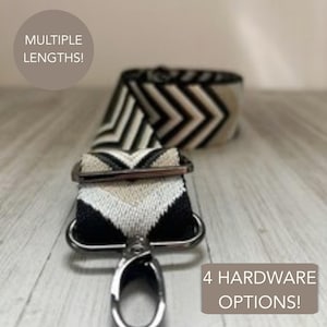May include: A woven bag strap featuring a black, white, and beige chevron pattern with dark metal hardware, including a lobster clasp and an adjustable slider. The text MULTIPLE LENGTHS! and 4 HARDWARE OPTIONS! is visible on the image.