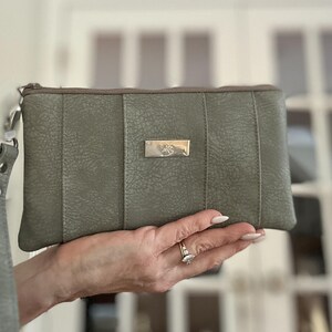 Stone Gray Vegan Leather Fabric Wristlet Handbag/Clutch Bag with Built in Wallet Card Pockets