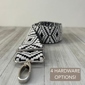 Black White Strap Replacement Purse Crossbody Accessory Handmade Shoulder Strap Wide Handbag Patterned Adjustable Modern Design Custom Chic