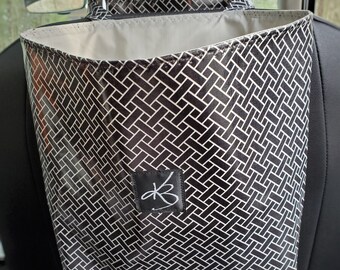 Large Travel Caddy, Car Caddy, Black and White Print Laminated Cotton Fabric