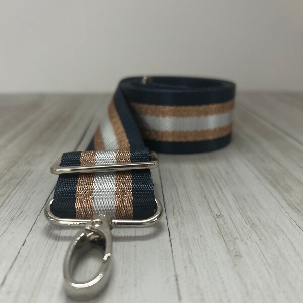 Adjustable Bag Strap, Navy Blue, Gold and Silver Striped, 1.5" Cotton Crossbody Purse Strap, 29"-51" Length, Replacement Bag Strap