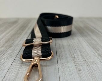 Adjustable Bag Strap, Black and Muted Gold Stripe, 1.25" Cotton Crossbody Purse Strap