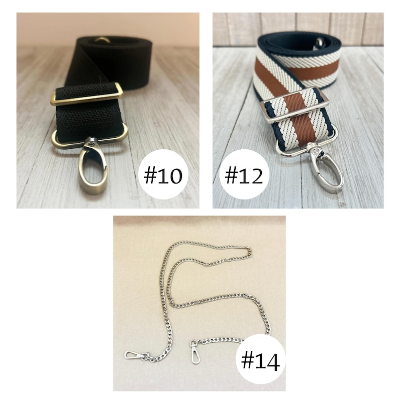 May include: Three bag straps: #10 is a solid black nylon strap with brass hardware, #12 is a navy, white, and brown striped woven strap with silver hardware, and #14 is a thin silver-toned metal chain strap with small lobster claw clasps.