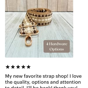 May include: A coiled bag strap featuring a woven geometric pattern in shades of beige, cream, and dark brown. The strap includes gold-toned metal hardware, specifically a swivel clasp and an adjustable slider. A text box reads 4 Hardware Options.